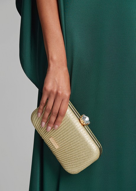 Metallic clutch bag with a rhinestone clasp