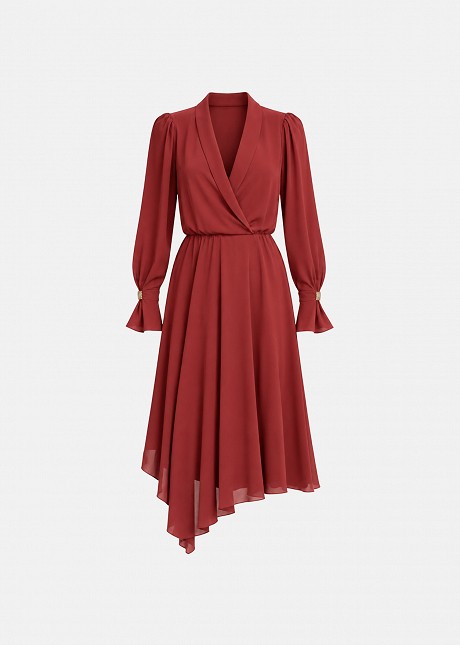 Midi wrap dress with asymmetric ruffles