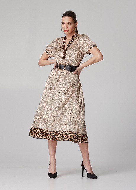 Μίντι φλοράλ φόρεμα με animal print λεπτομέρειες