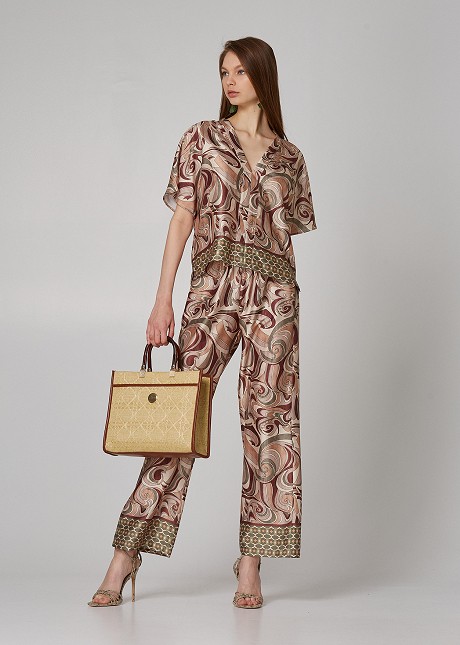Trousers with paisley print and satin look