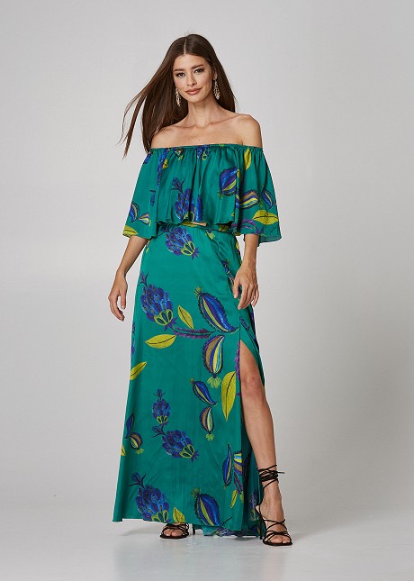 Maxi floral skirt with satin look
