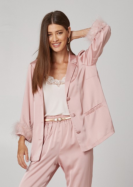 Satin look shirt with feathers