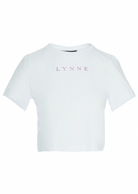 Скъсена тениска с лъскава щампа"LYNNE"