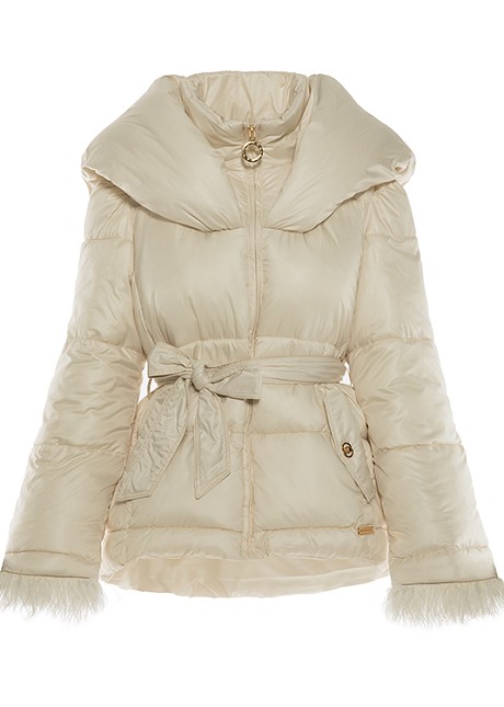 Puffer jacket with oversized hood and feathers