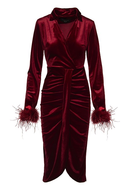 Velvet look dress with feathers