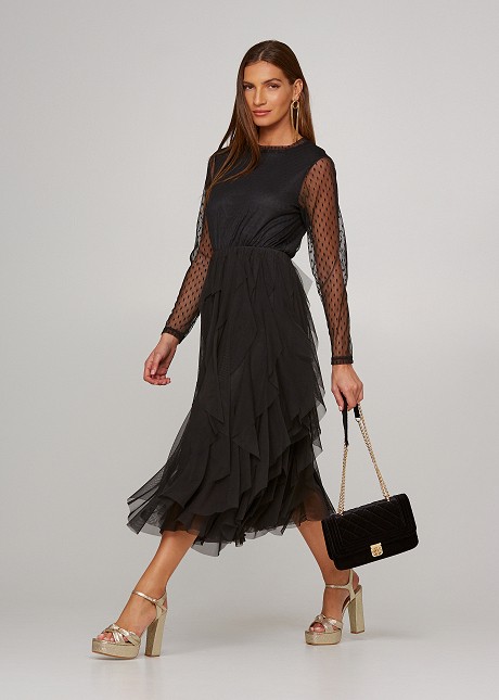 Midi dress with mesh and tulle