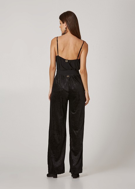 High waisted pants in velvet look with glitter
