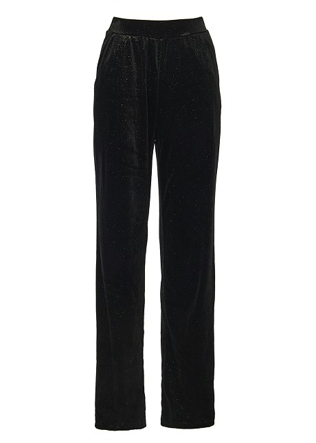 High waisted pants in velvet look with glitter
