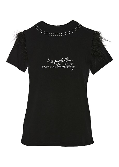 Cotton t-shirt decorated with rhinestones and feathers