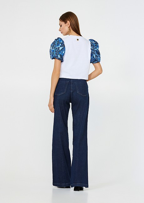Cotton cropped t-shirt with statement and printed sleeves