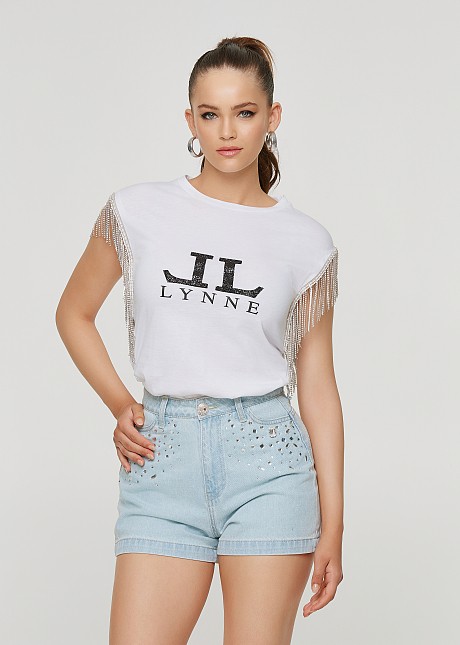 Cotton rhinestones findges t-shirt On line exclusive