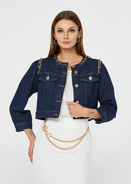 Cropped jean jacket decorated with chains