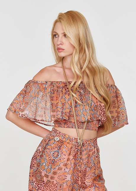 Off shoulder printed top with frills