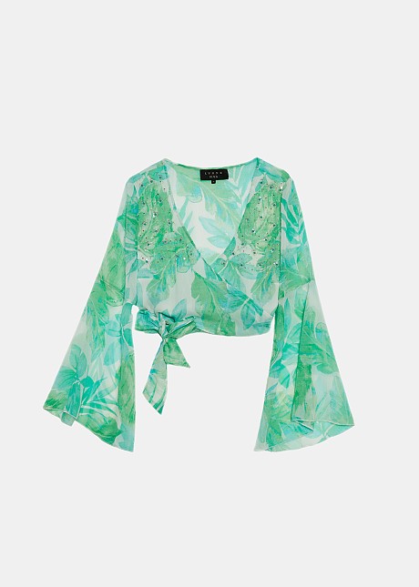 Printed double-breasted blouse with bell sleeves