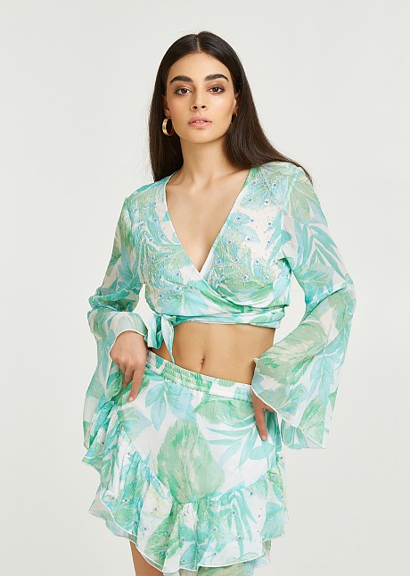 Printed double-breasted blouse with bell sleeves