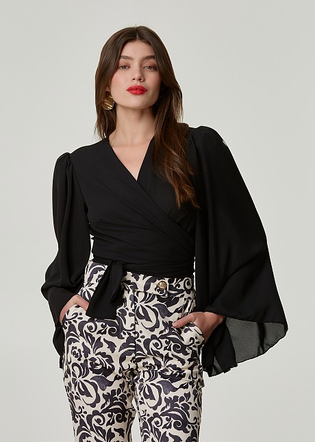 Wrap blouse with bell sleeves