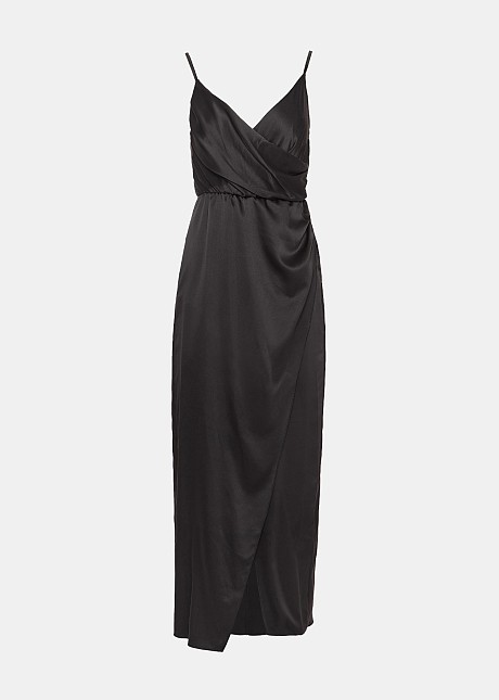 Wrap front, cowl, maxi dress in satin look