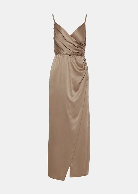 Wrap front, cowl, maxi dress in satin look