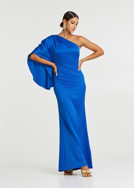 One shoulder maxi satin dress with ruffles