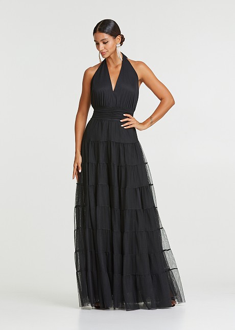Maxi halter neck dress with tulle