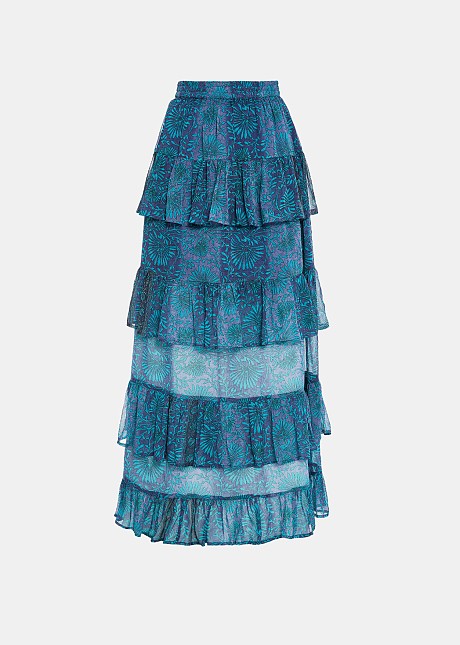 Μάξι εμπριμέ φούστα με βολάν σε μπλε χρώμα