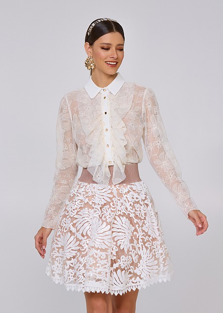 Transparent shirt in lace look with frills