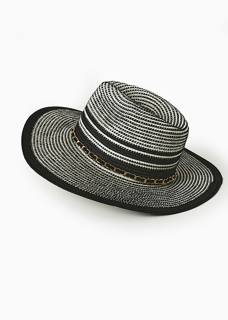 Wide brim straw hat with golden chain