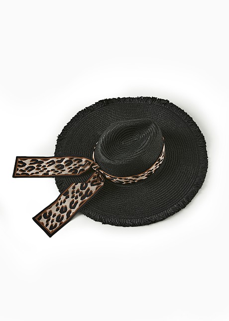 Ψάθινο μαύρο καπέλο με animal print κορδέλα
