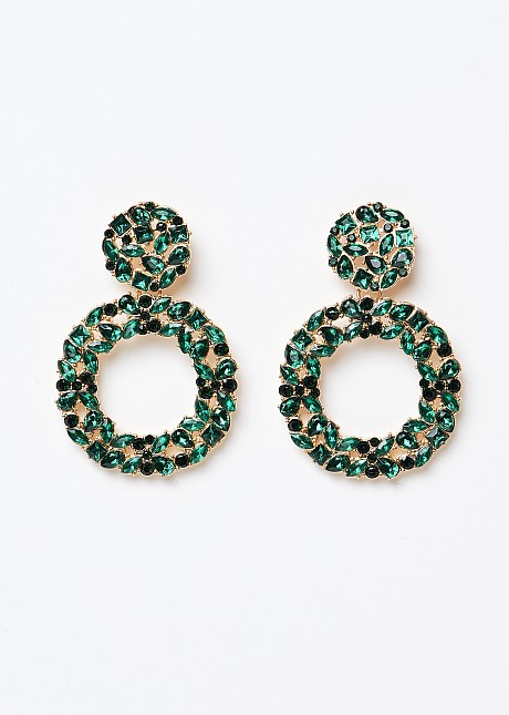 Circular green earrings with rhinestones