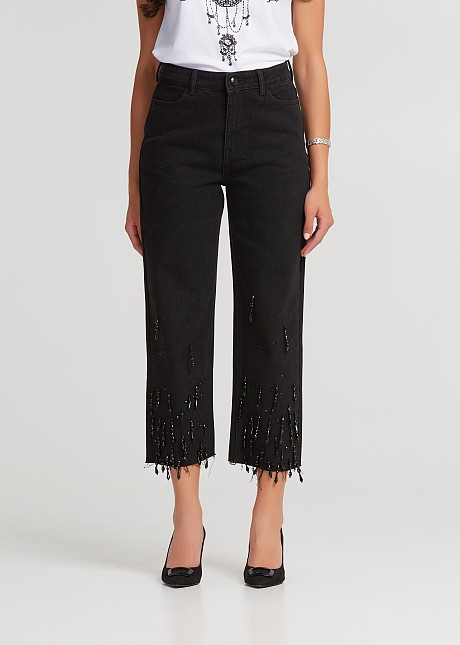 Embellished black denim pants