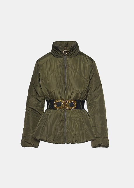 Short puffer jacket with a belt