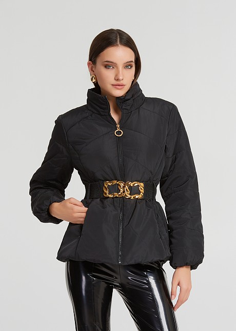 Short puffer jacket with a belt