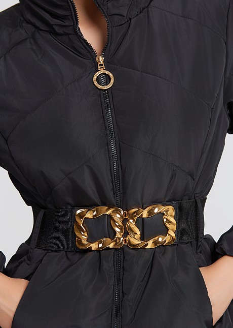 Short puffer jacket with a belt