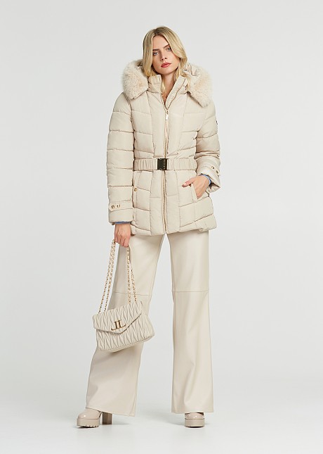 Mid length jacket puffer with faux fur hood