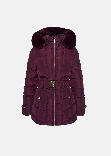 Mid length jacket puffer with faux fur hood