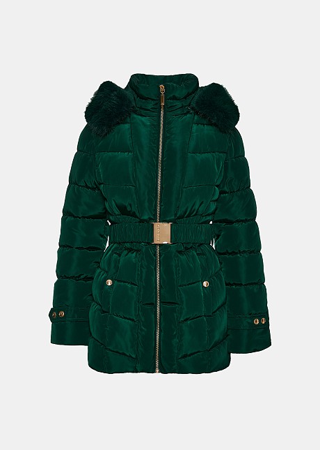 Mid length jacket puffer with faux fur hood