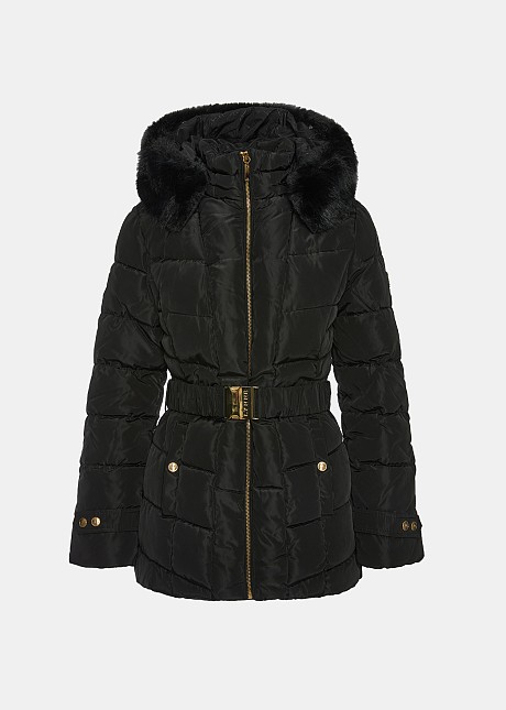 Mid length puffer coat with fur hood sale