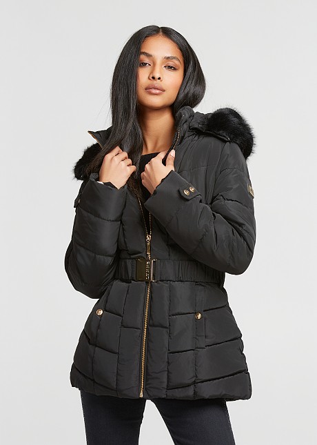 Mid length jacket puffer with faux fur hood