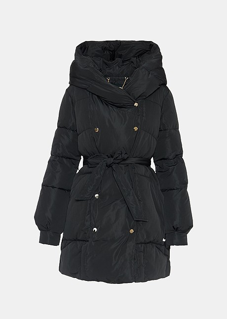 Mid length puffer jacket with bold hood