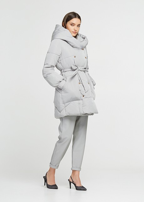 Mid length puffer jacket with bold hood