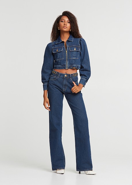 Crop denim τζάκετ με μεγάλες τσέπες