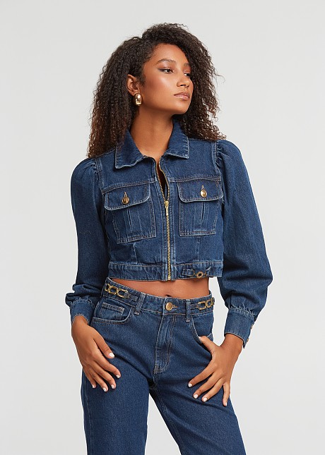 Jachetă crop denim cu buzunare