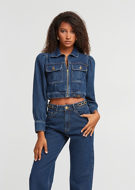 Crop denim τζάκετ με μεγάλες τσέπες