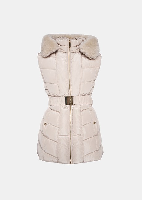 Mid length puffer vest with hood