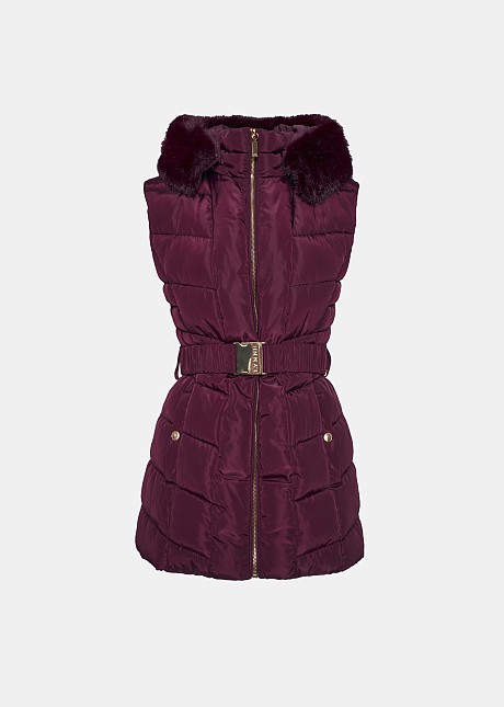 Mid length puffer vest with hood