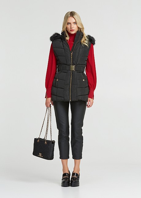 Mid length puffer vest with hood