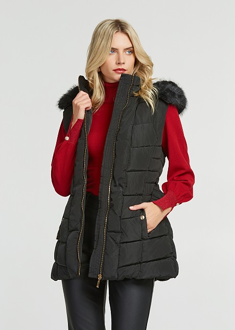 Mid length puffer vest with hood