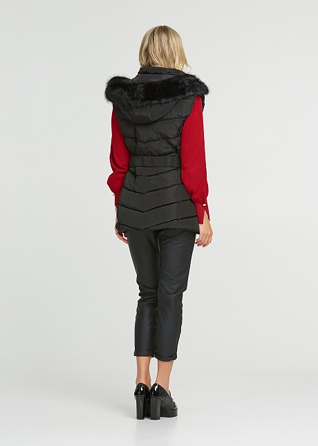 Mid length puffer vest with hood