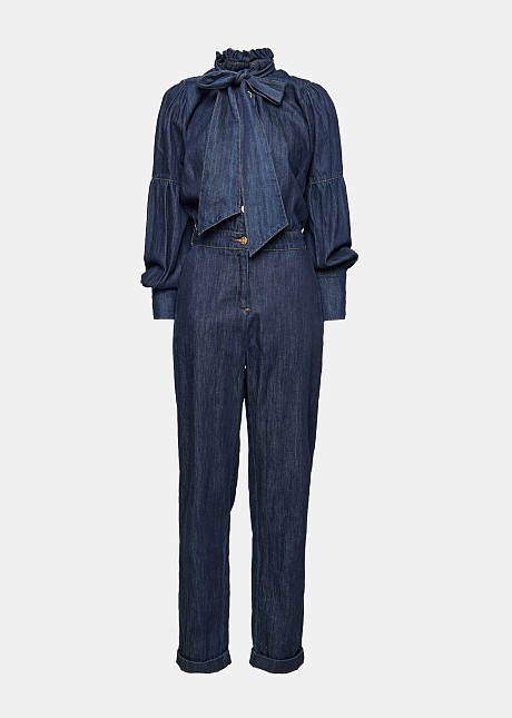 Denim jumpsuit with a high neck closure