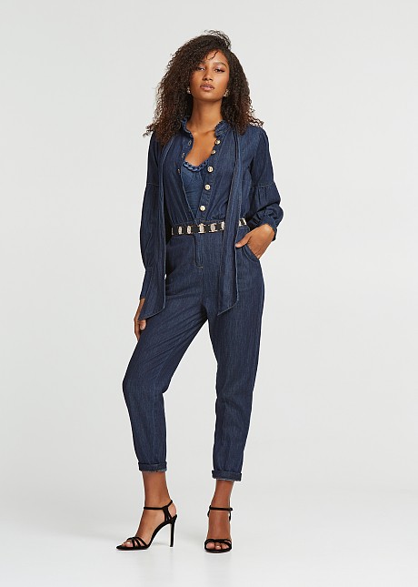 Denim jumpsuit with a high neck closure